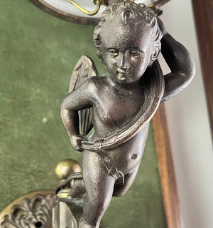 Incredible 1860s Converted Gas Putti Wall Sconce with Antique Acid Etched Putti Shade