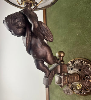 Incredible 1860s Converted Gas Putti Wall Sconce with Antique Acid Etched Putti Shade