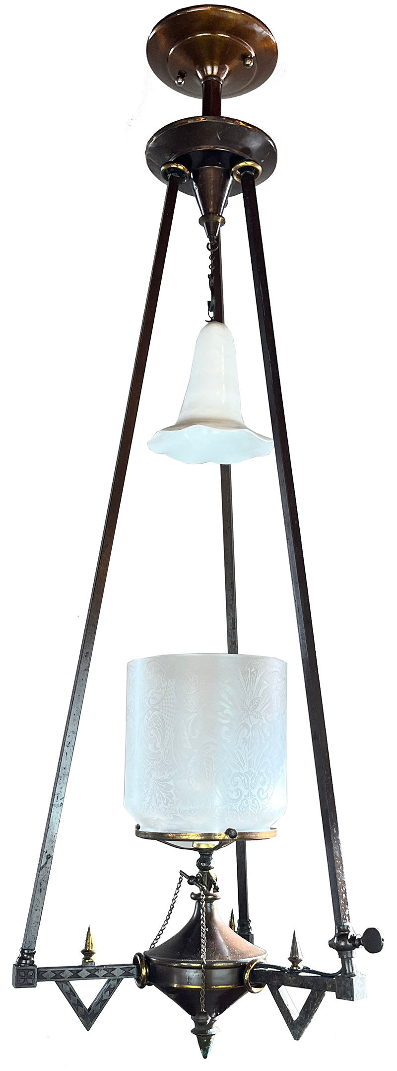 Antique Late 1870s early 1880s Egyptian Revival Three Rod Suspended Converted Gas Pendant with Antique Shade and Smoke Bell