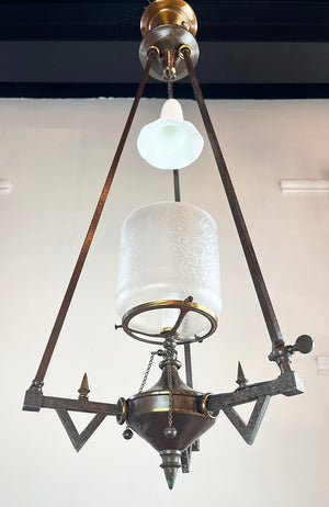 Antique Late 1870s early 1880s Egyptian Revival Three Rod Suspended Converted Gas Pendant with Antique Shade and Smoke Bell