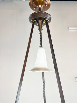 Antique Late 1870s early 1880s Egyptian Revival Three Rod Suspended Converted Gas Pendant with Antique Shade and Smoke Bell