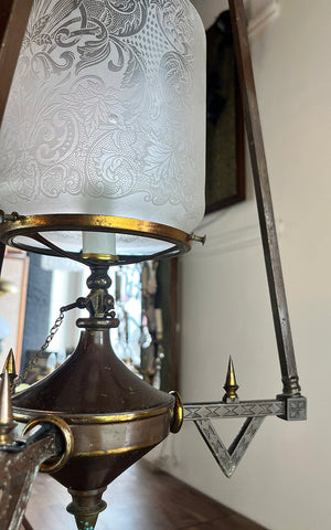 Antique Late 1870s early 1880s Egyptian Revival Three Rod Suspended Converted Gas Pendant with Antique Shade and Smoke Bell