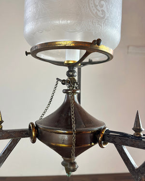 Antique Late 1870s early 1880s Egyptian Revival Three Rod Suspended Converted Gas Pendant with Antique Shade and Smoke Bell