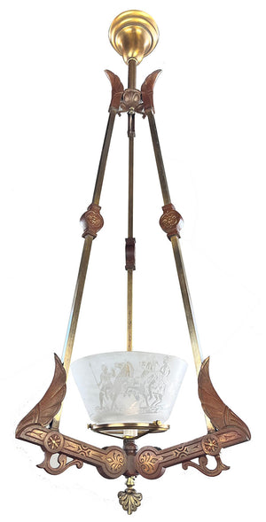 Antique Circa 1870 Renaissance Revival Rod Hung Converted Gas Fixture with Antique Scenic Roman Greco Gas Shade