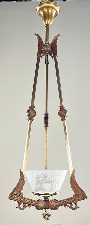 Antique Circa 1870 Renaissance Revival Rod Hung Converted Gas Fixture with Antique Scenic Roman Greco Gas Shade