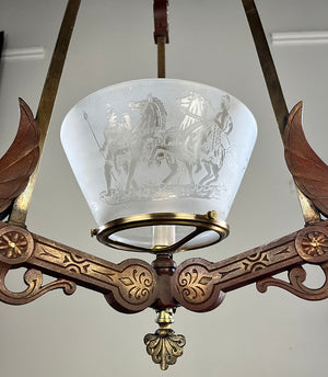 Antique Circa 1870 Renaissance Revival Rod Hung Converted Gas Fixture with Antique Scenic Roman Greco Gas Shade