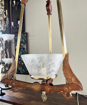 Antique Circa 1870 Renaissance Revival Rod Hung Converted Gas Fixture with Antique Scenic Roman Greco Gas Shade
