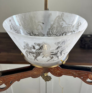 Antique Circa 1870 Renaissance Revival Rod Hung Converted Gas Fixture with Antique Scenic Roman Greco Gas Shade