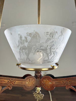Antique Circa 1870 Renaissance Revival Rod Hung Converted Gas Fixture with Antique Scenic Roman Greco Gas Shade