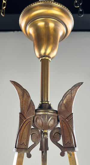 Antique Circa 1870 Renaissance Revival Rod Hung Converted Gas Fixture with Antique Scenic Roman Greco Gas Shade