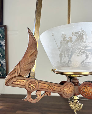 Antique Circa 1870 Renaissance Revival Rod Hung Converted Gas Fixture with Antique Scenic Roman Greco Gas Shade