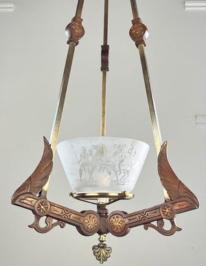 Antique Circa 1870 Renaissance Revival Rod Hung Converted Gas Fixture with Antique Scenic Roman Greco Gas Shade