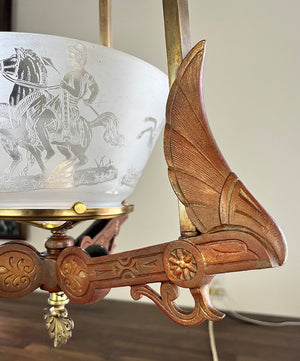 Antique Circa 1870 Renaissance Revival Rod Hung Converted Gas Fixture with Antique Scenic Roman Greco Gas Shade
