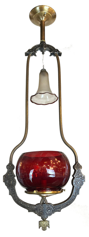 Antique Circa late 1870s early 1880s Renaissance Revival Converted Gas Hoop with Antique 5" Cranberry Fishbowl Shade and Matching Smoke Bell