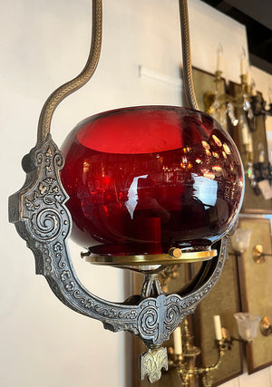 Antique Circa late 1870s early 1880s Renaissance Revival Converted Gas Hoop with Antique 5" Cranberry Fishbowl Shade and Matching Smoke Bell