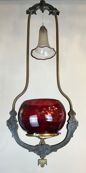 Antique Circa late 1870s early 1880s Renaissance Revival Converted Gas Hoop with Antique 5" Cranberry Fishbowl Shade and Matching Smoke Bell