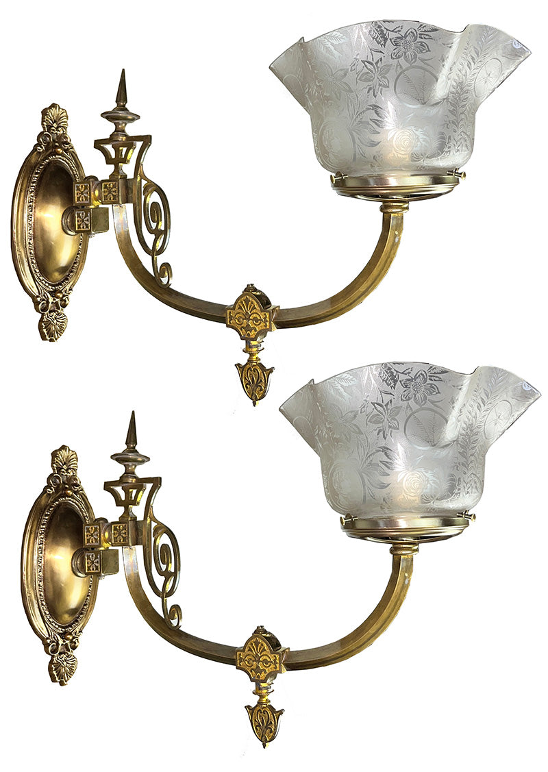 $1600 PAIR - Antique Circa 1870s-80s Coverted Gas Renaissance Revival Swing Arm Sconces with Acid Etched Cameo and Spider Shades