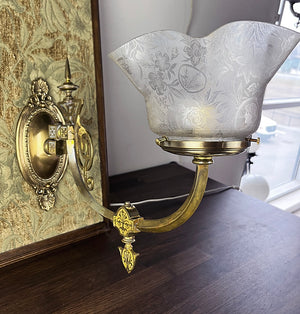 $1600 PAIR - Antique Circa 1870s-80s Coverted Gas Renaissance Revival Swing Arm Sconces with Acid Etched Cameo and Spider Shades