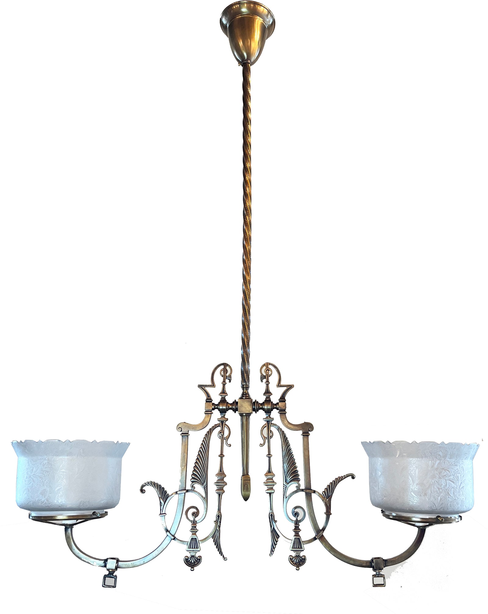 Antique 1880 Cast Brass Eastlake Two Light Converted Gas Fixture with Original Etched 5" Gas Shades