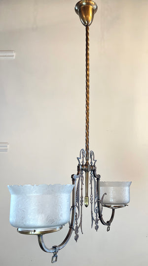 Antique 1880 Cast Brass Eastlake Two Light Converted Gas Fixture with Original Etched 5" Gas Shades