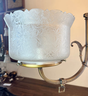 Antique 1880 Cast Brass Eastlake Two Light Converted Gas Fixture with Original Etched 5" Gas Shades