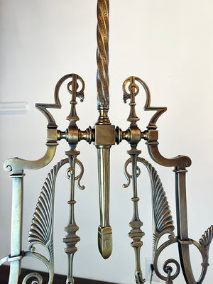 Antique 1880 Cast Brass Eastlake Two Light Converted Gas Fixture with Original Etched 5" Gas Shades