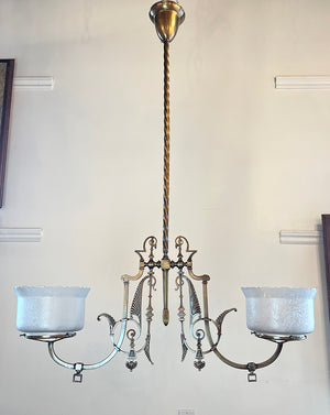 Antique 1880 Cast Brass Eastlake Two Light Converted Gas Fixture with Original Etched 5" Gas Shades