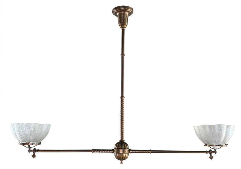 Antique 1880s Large Two Light Converted Gas T Fixture with Rope Tubing and Original Acid Etched Shades