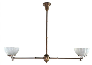 Antique 1880s Large Two Light Converted Gas T Fixture with Rope Tubing and Original Acid Etched Shades