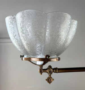 Antique 1880s Large Two Light Converted Gas T Fixture with Rope Tubing and Original Acid Etched Shades
