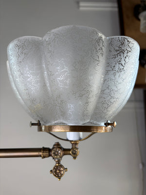 Antique 1880s Large Two Light Converted Gas T Fixture with Rope Tubing and Original Acid Etched Shades
