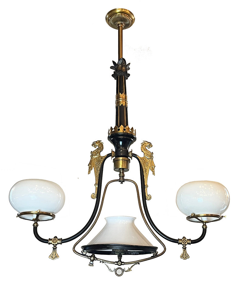 Stunning 1880s Dragon Head Converted Gas Light with Center Slide and Original Opal Shades
