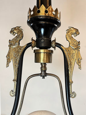 Stunning 1880s Dragon Head Converted Gas Light with Center Slide and Original Opal Shades