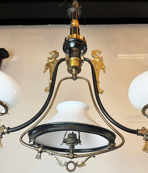 Stunning 1880s Dragon Head Converted Gas Light with Center Slide and Original Opal Shades