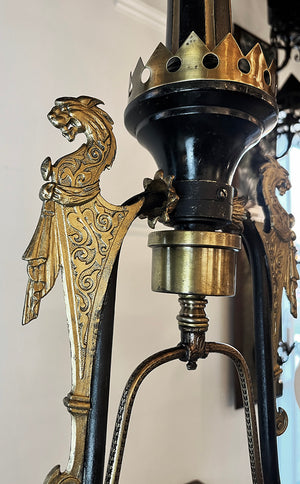 Stunning 1880s Dragon Head Converted Gas Light with Center Slide and Original Opal Shades