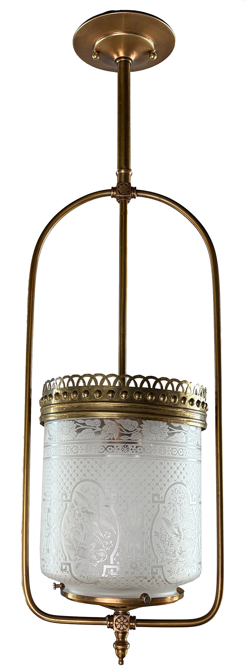 Antique Late 1880s Early Electric Gas Style Hoop with Acid Etched Eastlake Cylinder Shade