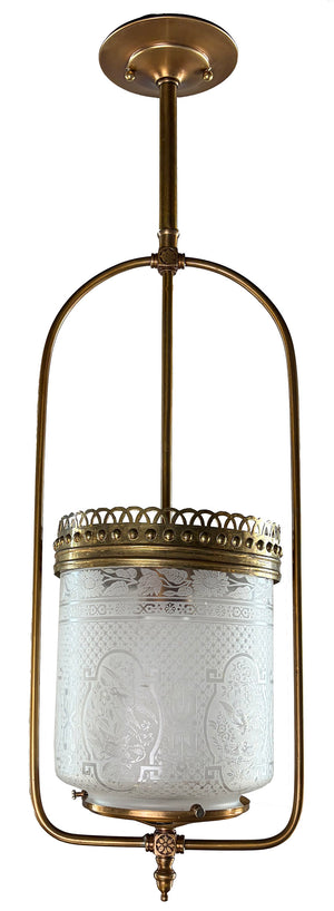 Antique Late 1880s Early Electric Gas Style Hoop with Acid Etched Eastlake Cylinder Shade