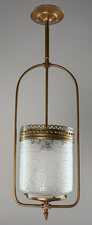 Antique Late 1880s Early Electric Gas Style Hoop with Acid Etched Eastlake Cylinder Shade