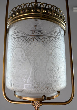 Antique Late 1880s Early Electric Gas Style Hoop with Acid Etched Eastlake Cylinder Shade