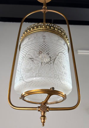Antique Late 1880s Early Electric Gas Style Hoop with Acid Etched Eastlake Cylinder Shade