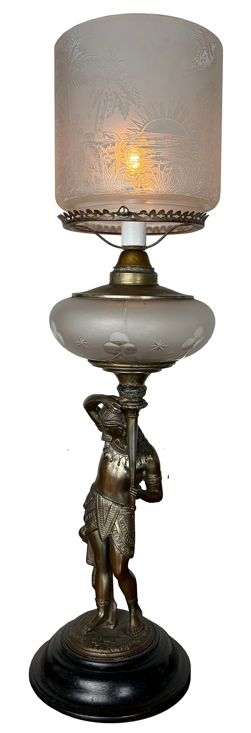 Antique Late 1870s-early 1880s Egyptian Revival Figural Converted Oil Lamp Attributed to Bradley and Hubbard