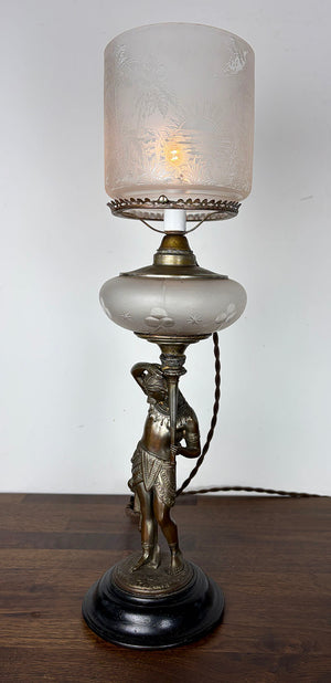 Antique Late 1870s-early 1880s Egyptian Revival Figural Converted Oil Lamp Attributed to Bradley and Hubbard