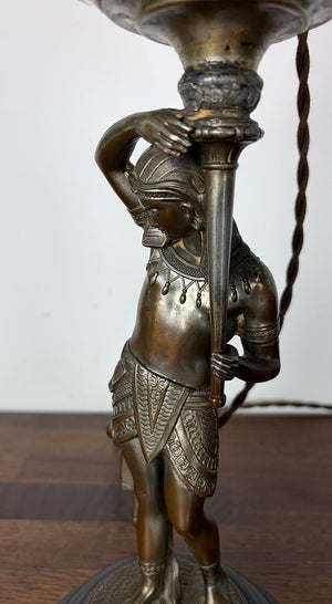 Antique Late 1870s-early 1880s Egyptian Revival Figural Converted Oil Lamp Attributed to Bradley and Hubbard