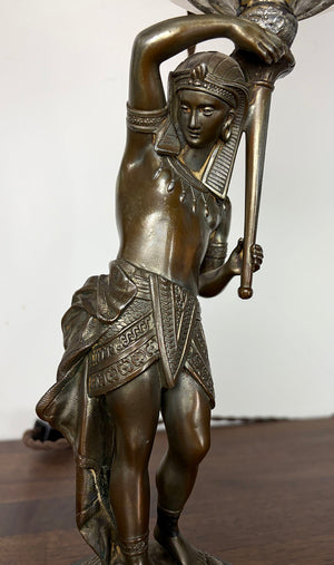 Antique Late 1870s-early 1880s Egyptian Revival Figural Converted Oil Lamp Attributed to Bradley and Hubbard