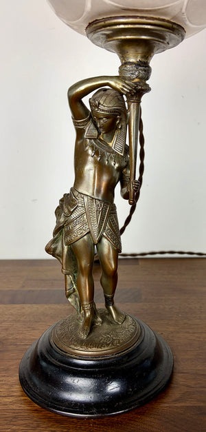 Antique Late 1870s-early 1880s Egyptian Revival Figural Converted Oil Lamp Attributed to Bradley and Hubbard