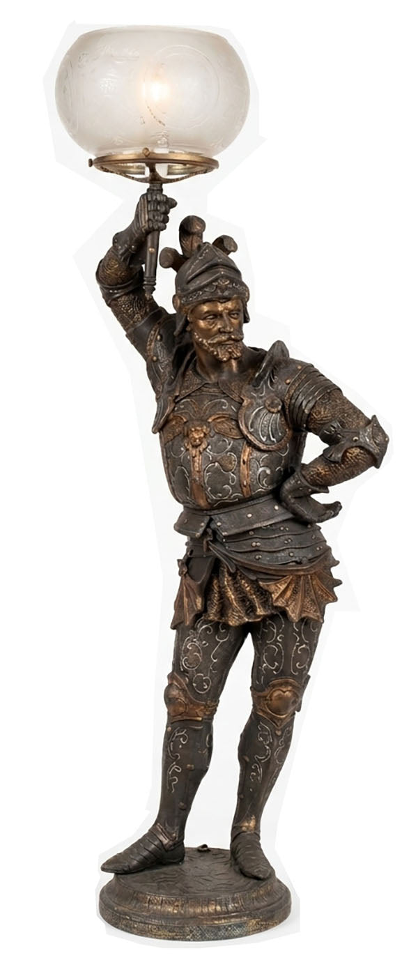 Rare 36" tall Antique 1880s Victorian Conquistador Converted Gas Spelter Figural Lamp with Original Bronzed and Silver Finish and Original Acid Etched Scenic 5" Shade