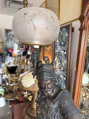 Rare 36" tall Antique 1880s Victorian Conquistador Converted Gas Spelter Figural Lamp with Original Bronzed and Silver Finish and Original Acid Etched Scenic 5" Shade