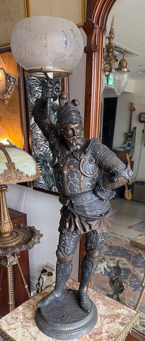Rare 36" tall Antique 1880s Victorian Conquistador Converted Gas Spelter Figural Lamp with Original Bronzed and Silver Finish and Original Acid Etched Scenic 5" Shade
