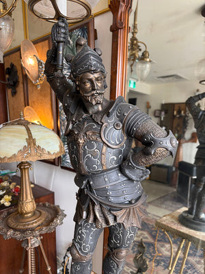 Rare 36" tall Antique 1880s Victorian Conquistador Converted Gas Spelter Figural Lamp with Original Bronzed and Silver Finish and Original Acid Etched Scenic 5" Shade