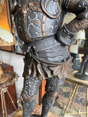 Rare 36" tall Antique 1880s Victorian Conquistador Converted Gas Spelter Figural Lamp with Original Bronzed and Silver Finish and Original Acid Etched Scenic 5" Shade